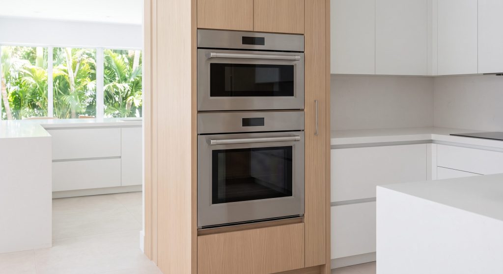 A compact combination steam oven above a wall oven in a pale oak column, both stainless, palms and daylight through the window beyond