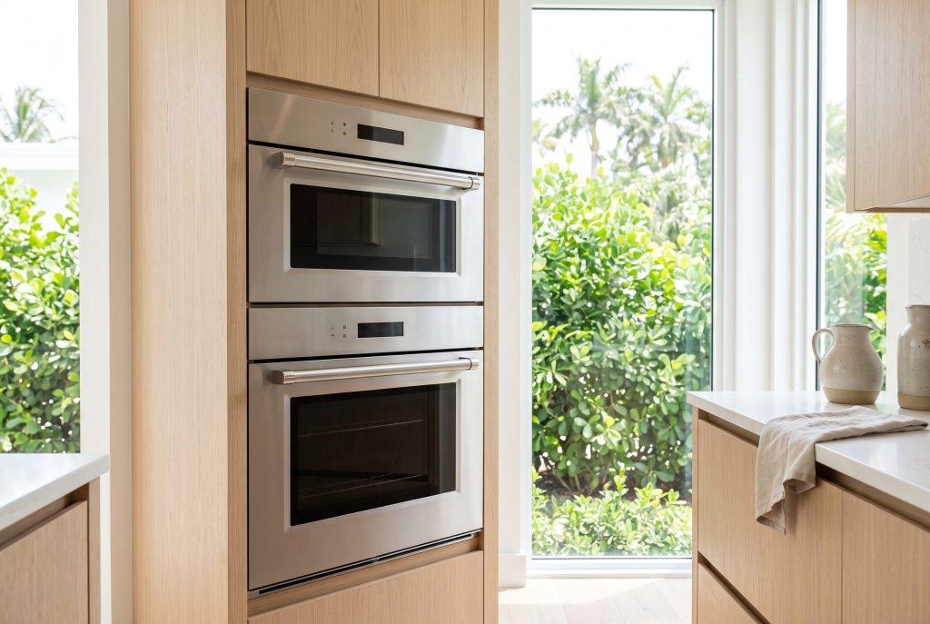 A stainless double oven stack in a pale oak column beside a window full of green foliage, both doors closed