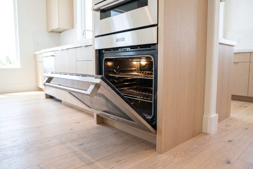 A wall oven standing open in a pale oak column, the drop-down door out flat and the empty racks lit by the cavity lamp