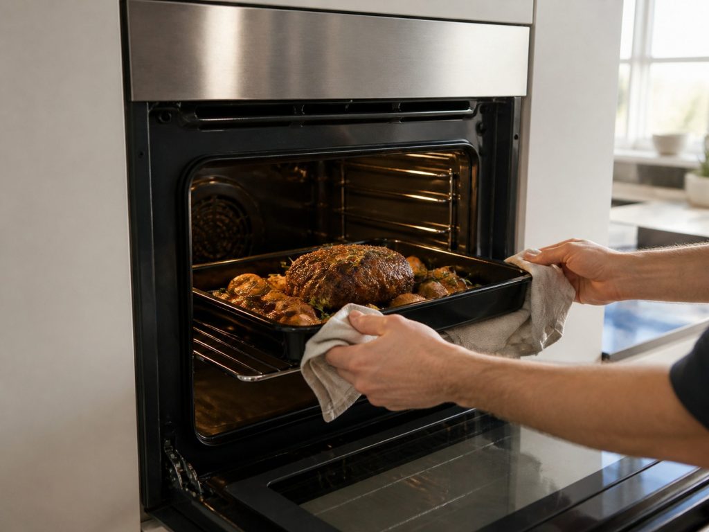 A single wall oven at eye height with the door open and a roasting tray being slid onto the middle rack by two hands in a cloth.