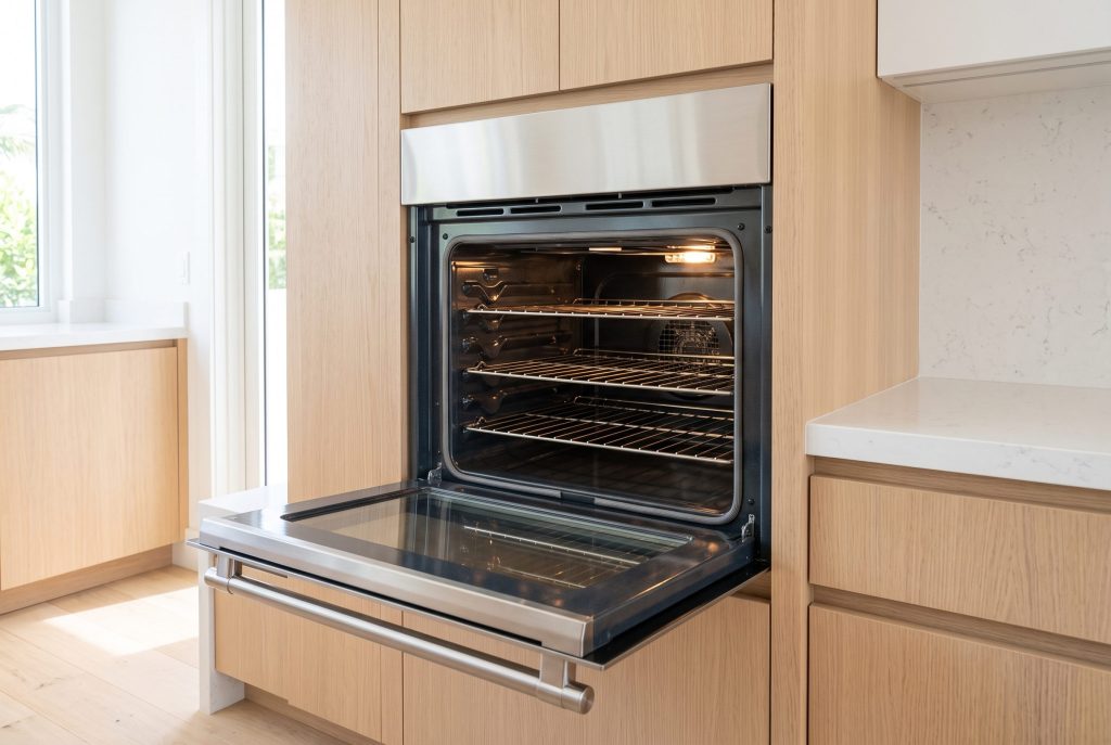 A single stainless wall oven set at chest height in a tall pale oak cabinet column, its door open on three empty racks with the cavity lamp on, daylight from a window at the left