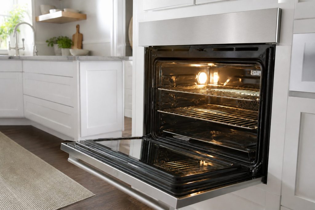 A 30-inch built-in single wall oven, a brushed stainless front with a full-width tubular bar handle, front finished in brushed stainless, standing open with the empty racks visible and the cavity lamp lit, in a white galley kitchen photographed from a low three-quarter angle, morning light raking across the front.