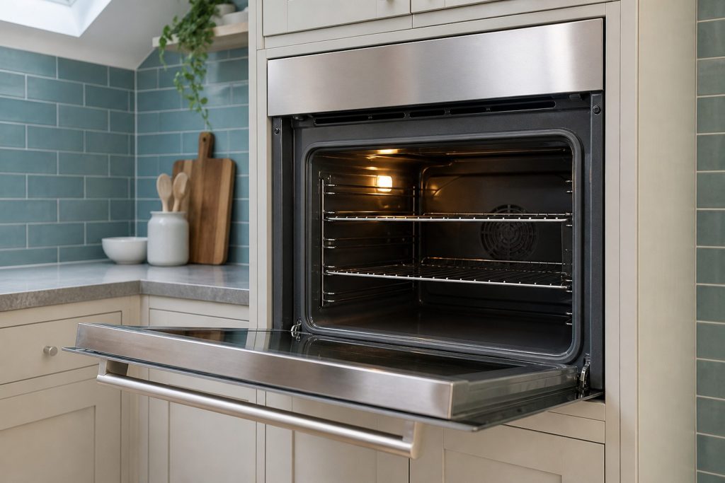 A 24-inch built-in single wall oven, a brushed stainless front with a full-width tubular bar handle, front finished in brushed stainless, standing open with the empty racks visible and the cavity lamp lit, in a kitchen with a sea-blue tiled splashback, soft light from a skylight overhead.