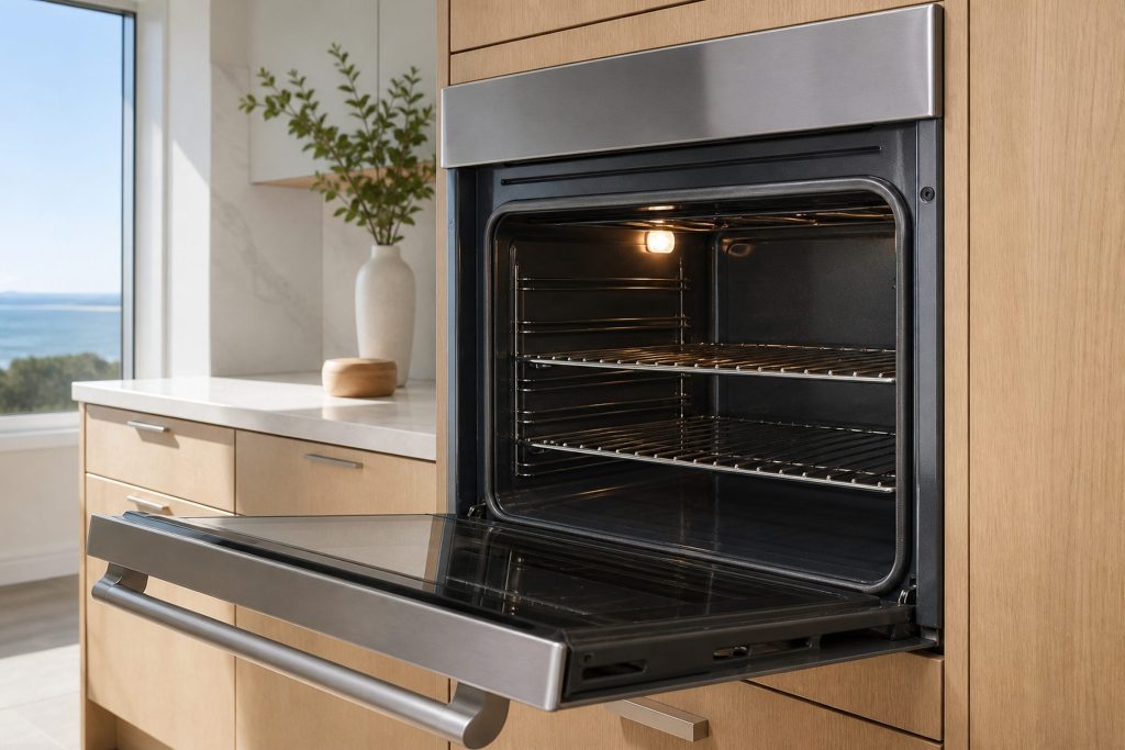 A 30-inch built-in single wall oven, a brushed stainless front with a full-width tubular bar handle, front finished in brushed stainless, standing open with the empty racks visible and the cavity lamp lit, in a bright coastal kitchen with white stone counters and pale oak cabinetry, daylight from a tall window at the left.