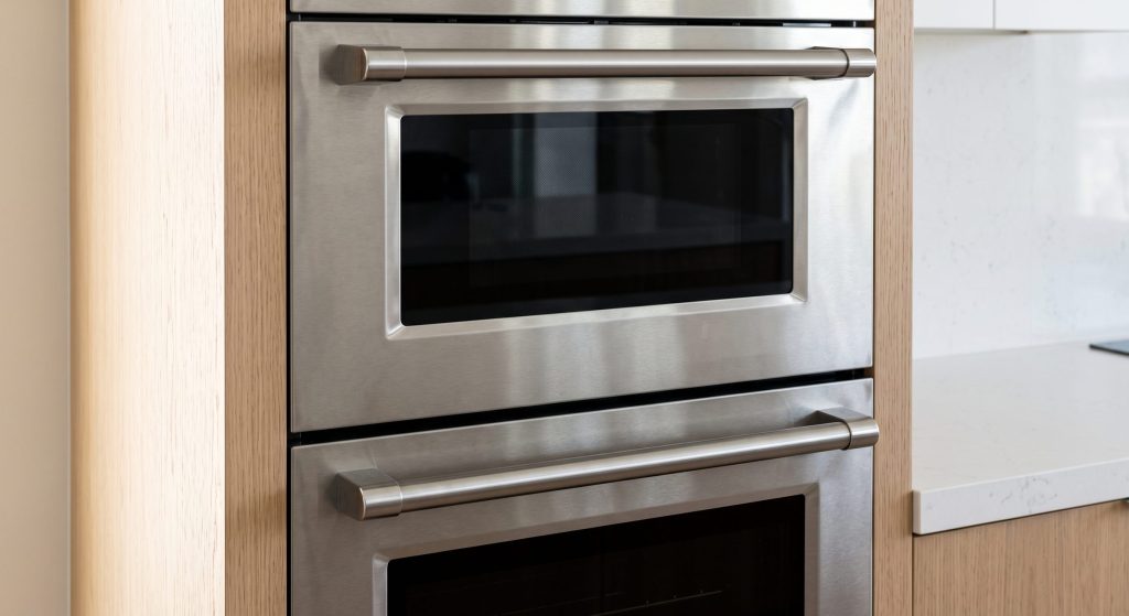 A compact speed oven stacked above a single wall oven in a pale oak column, both in brushed stainless with tubular bar handles, doors closed