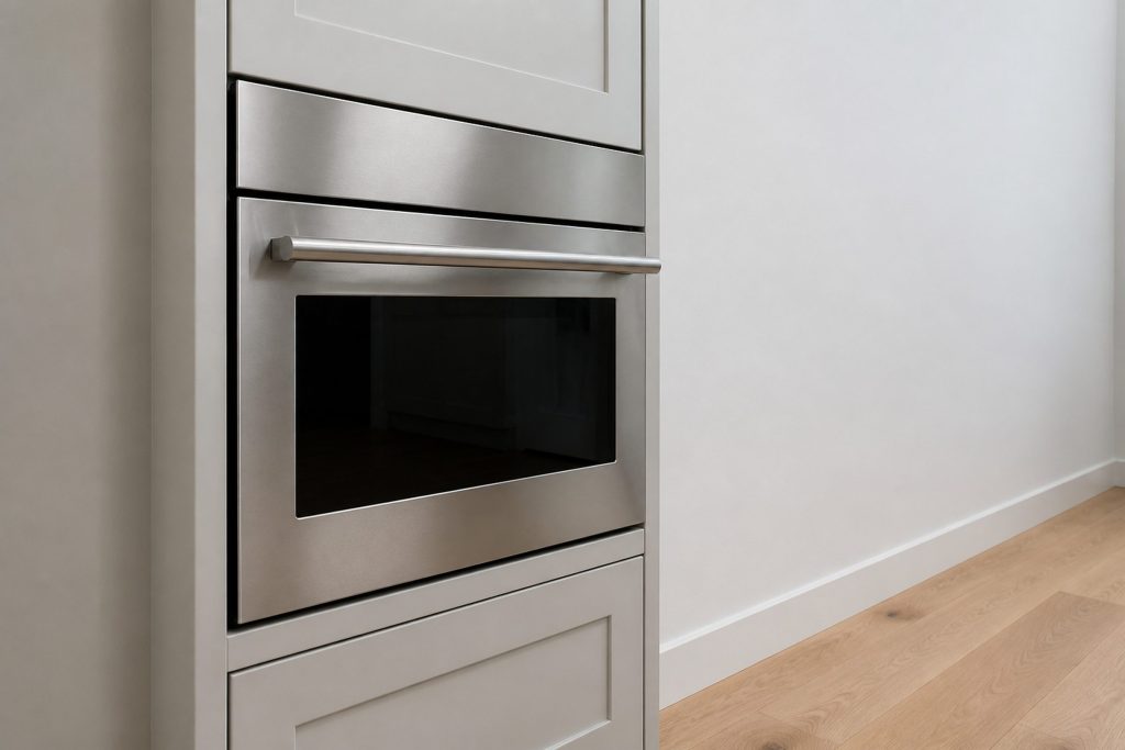 A 24-inch built-in compact convection-speed oven, a brushed stainless front with a full-width tubular bar handle, front finished in brushed stainless, with its door closed, the glass dark and clean, set in a tall cabinet column beside a plain white wall, even overhead light and a bare timber floor.
