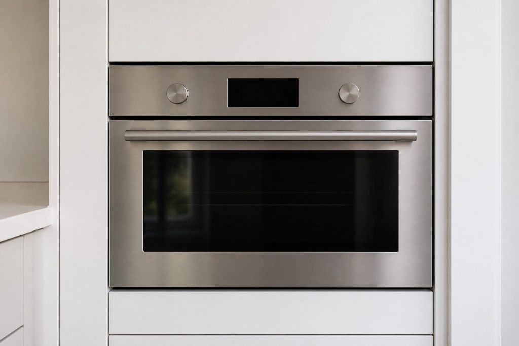 A 24-inch built-in compact convection-speed oven, a brushed stainless front with a full-width tubular bar handle, front finished in brushed stainless, with its door closed, the glass dark and clean, photographed square on in a calm white kitchen, no props, the surface freshly wiped.