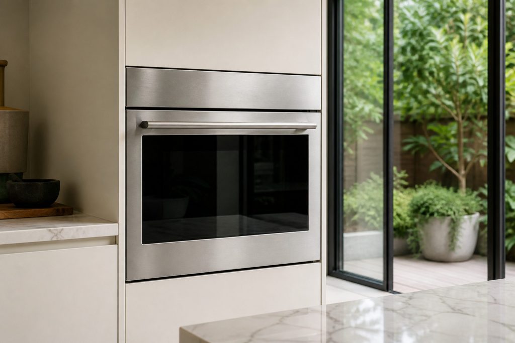 A 24-inch built-in compact convection-speed oven, a brushed stainless front with a full-width tubular bar handle, front finished in brushed stainless, with its door closed, the glass dark and clean, in a pale kitchen with a green courtyard visible through glass doors behind, flat midday light.