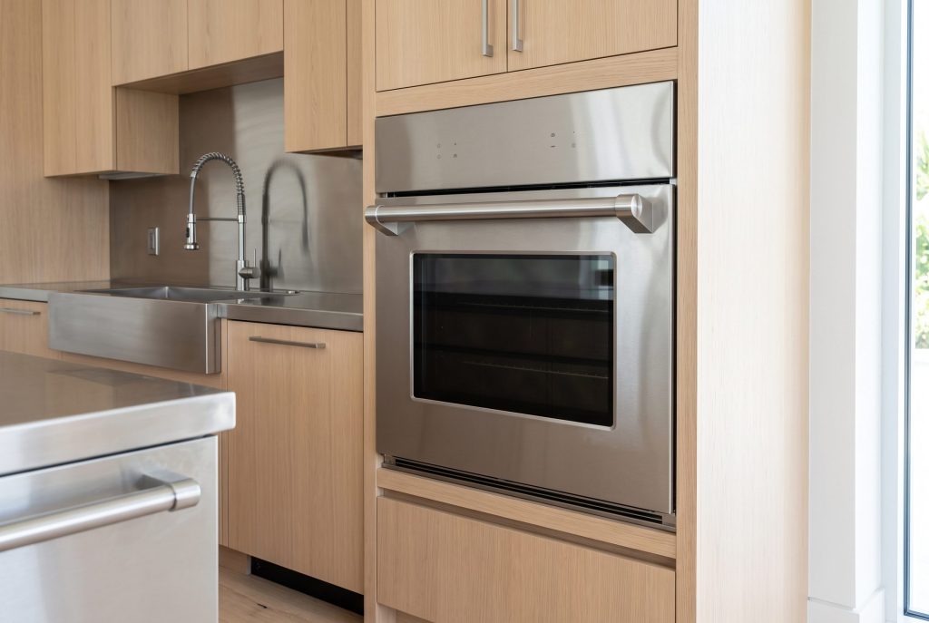A stainless wall oven in a pale oak run beside a farmhouse sink and a tall spring tap, the oven door closed