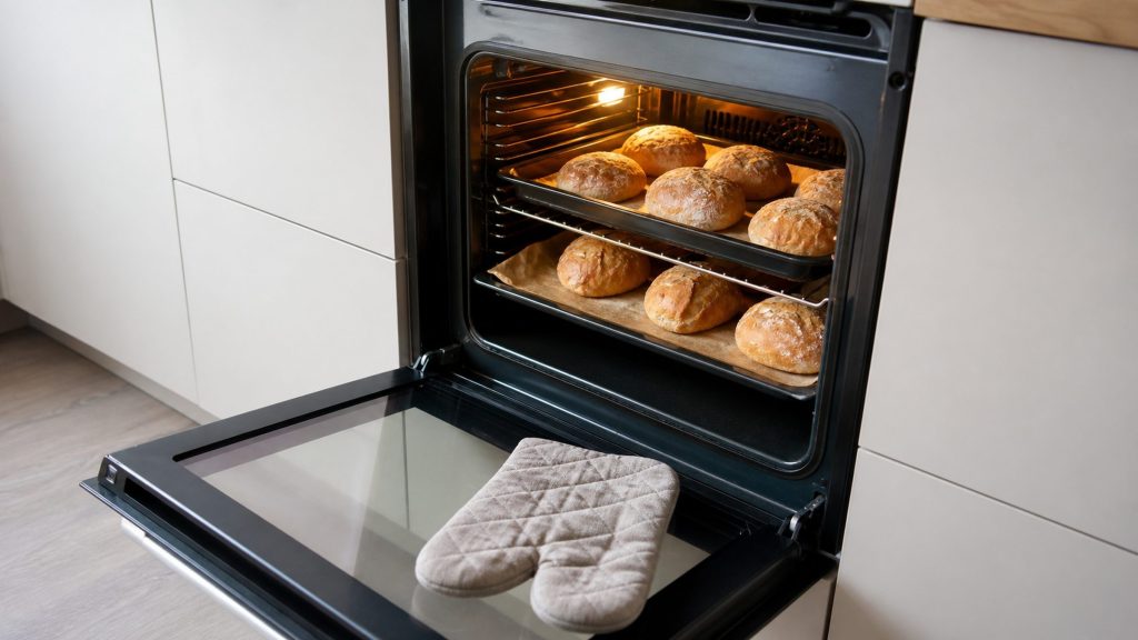 A built-in oven with its door lying flat and two trays of bread rolls on separate runners, an oven glove on the door.