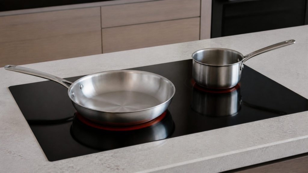 A smooth black cooktop flush in a pale stone worktop, two zones glowing faint red under a steel pan and a saucepan.