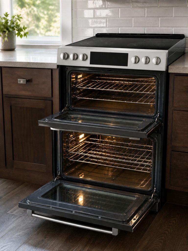 An electric double oven range with both oven doors dropped open, the small upper cavity and the large lower cavity lit, racks empty.