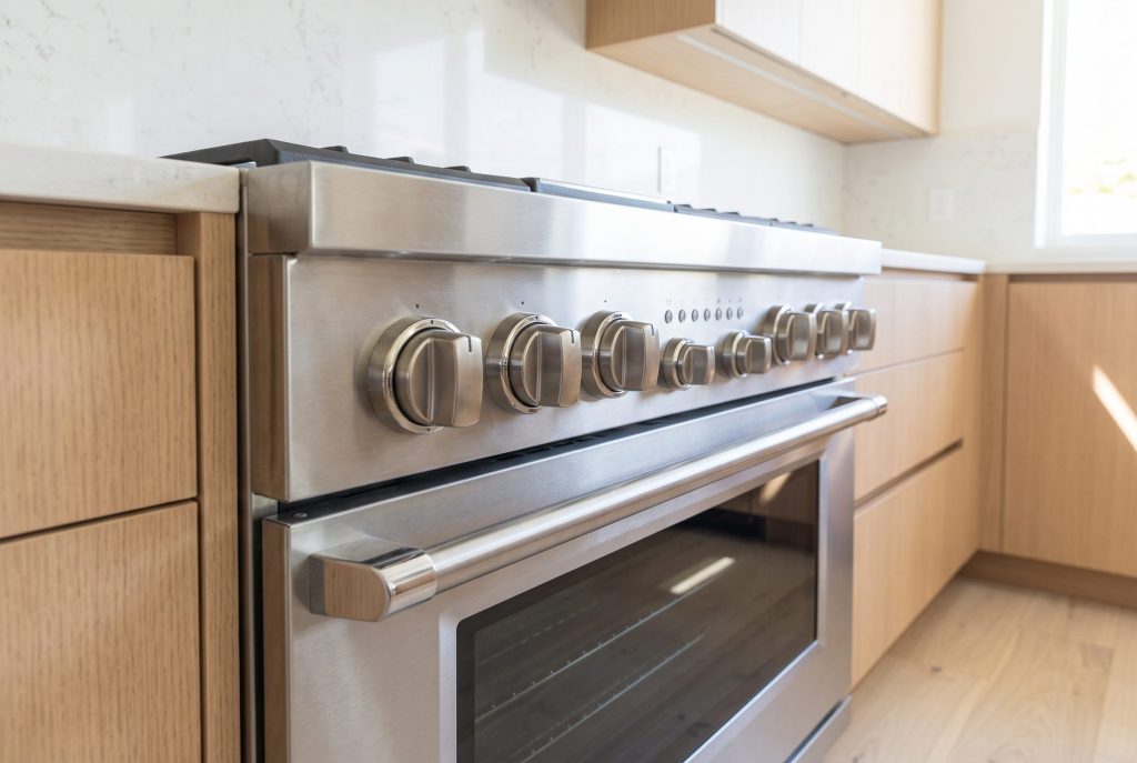A freestanding professional stainless range with a long row of heavy control knobs along its front, set into a pale oak kitchen run under a white stone worktop