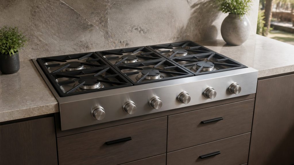 A professional gas rangetop in a stone worktop with drawers below, six sealed burners under cast grates and a row of knurled knobs.