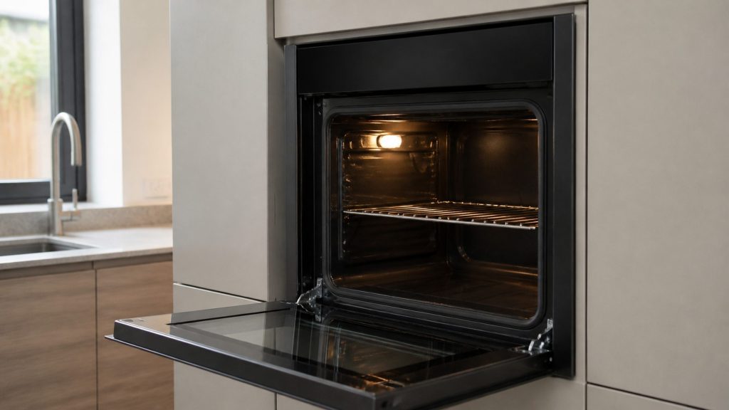 A compact built-in oven at eye height in a pale cabinet, door open on a small lit cavity with one wire shelf.