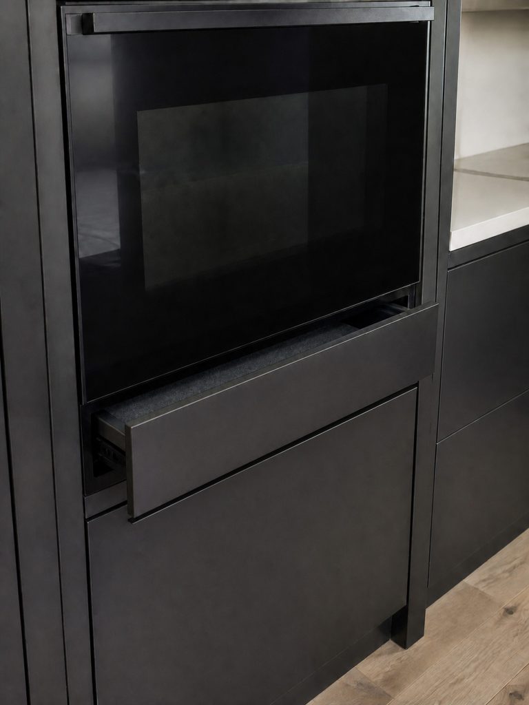A handleless warming drawer standing a hand's width open on the push-to-open catch, below a built-in oven in a dark cabinet column.