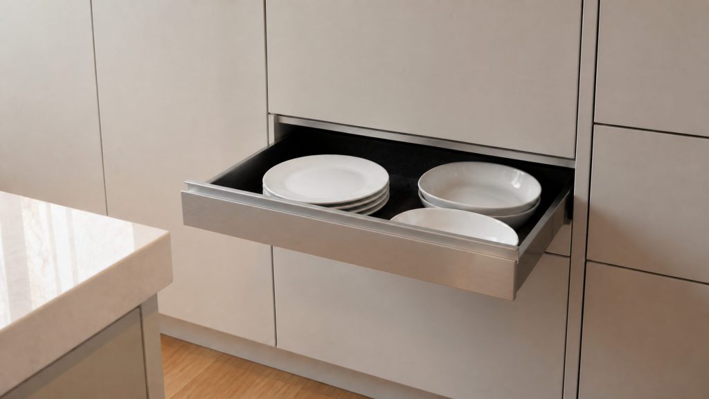 A stainless warming drawer pulled open in a run of pale cabinets, a stack of white plates and two serving dishes resting on its felted base.