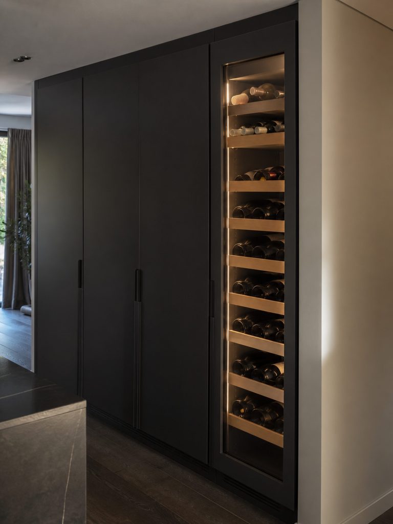A narrow glass-fronted wine cabinet lit from within at the end of a run of tall dark cabinet doors, bottles on horizontal wooden runners.