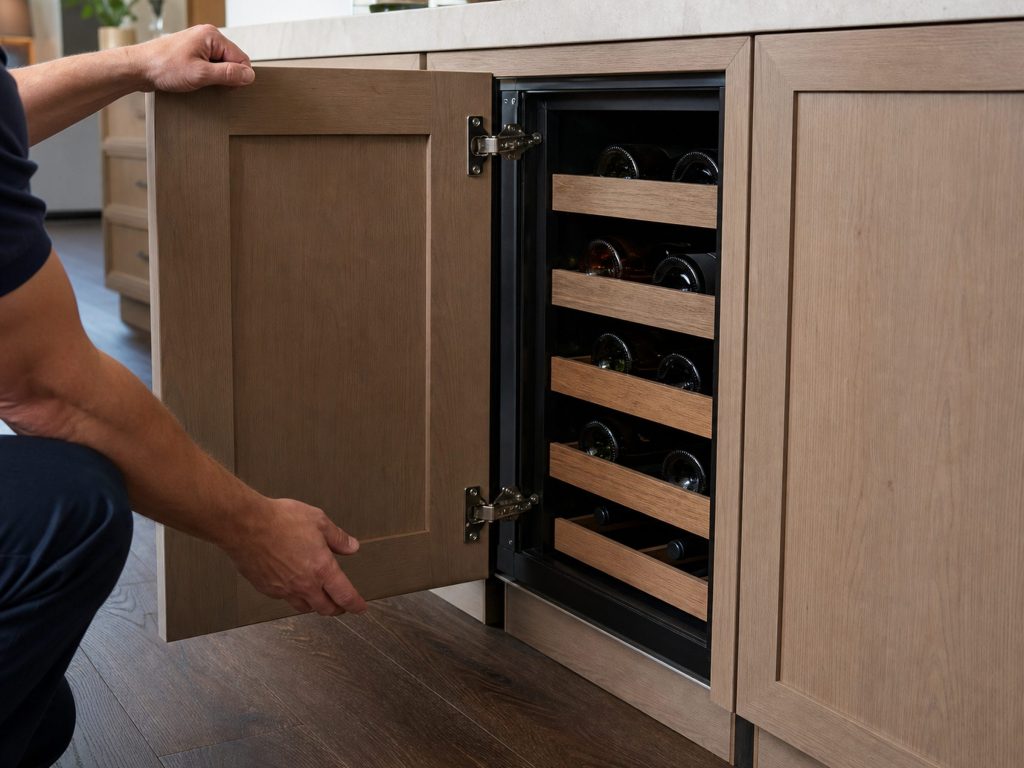 A panel-ready undercounter wine cellar hinged on the right so the door opens to the left, wood-front racks visible in the gap.