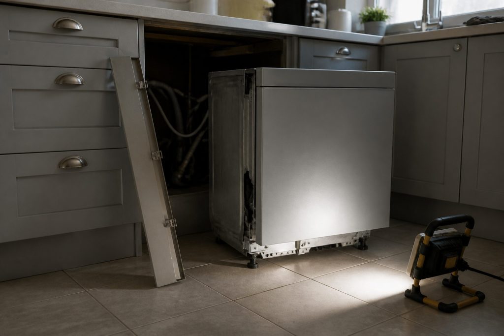The dark cavity under a kitchen counter with an appliance pulled forward on its feet, the plinth removed and leaning against the cabinet, a work light casting a hard pool on the floor tiles.