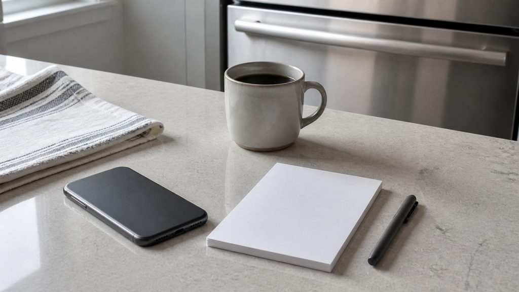 A kitchen counter in cool daylight with a phone face down beside a notepad and a pen, a mug of coffee, a folded tea towel and the corner of a stainless appliance front out of focus behind.