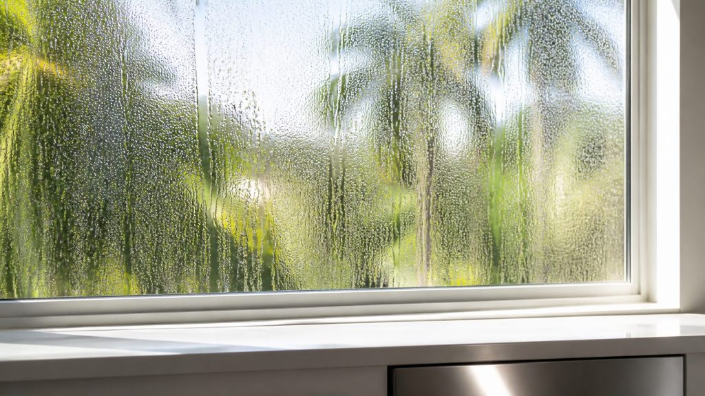 Condensation beading on the inside of a large window in a bright kitchen, palms and hard sunlight blurred beyond the glass, the edge of a white counter and a stainless door catching the light at the bottom of the frame.