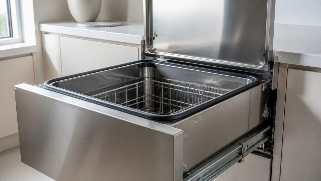 A single stainless dish drawer pulled open at counter height in a pale kitchen, its flat lid raised clear of the tub, the empty wire basket dry, the horizontal seal along the tub rim in sharp focus.