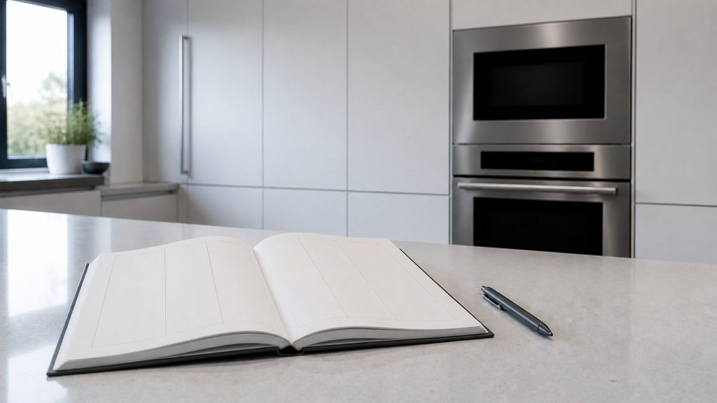 An open paper diary with empty ruled columns and a pen on a cool white stone island, a run of pale integrated cabinetry behind in early morning light.