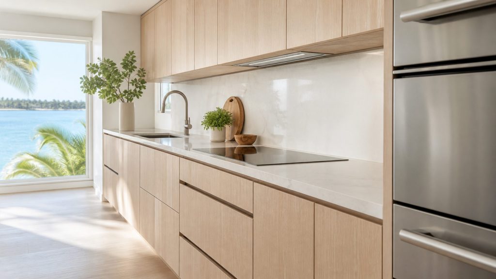 A wide bright coastal kitchen photographed along the counter run, pale oak cabinetry and a white stone worktop, stainless appliance fronts set back and cropped at the right edge, strong even daylight from a tall window with water and palms outside.