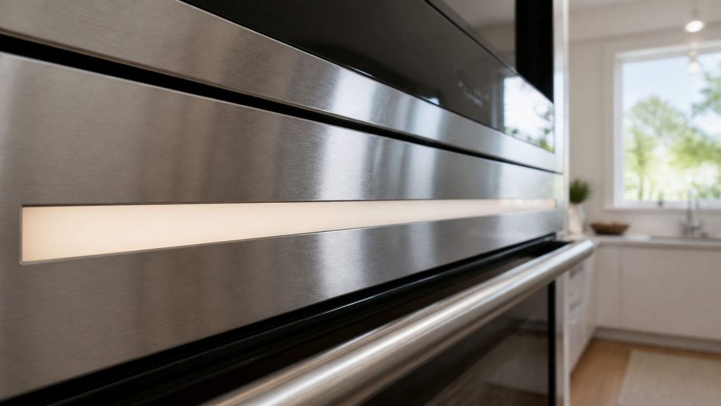 A close low-angle view along the brushed stainless fascia of a built-in wall oven in a bright kitchen, a narrow indicator strip glowing softly with no characters or digits on it, the brushed grain and a soft window reflection running the length of the frame.