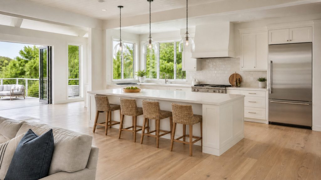 A generous open-plan coastal kitchen seen from the living side, white island, pale timber floor, tall windows full of bright sky and green, stainless fronts reading only as vertical highlights.