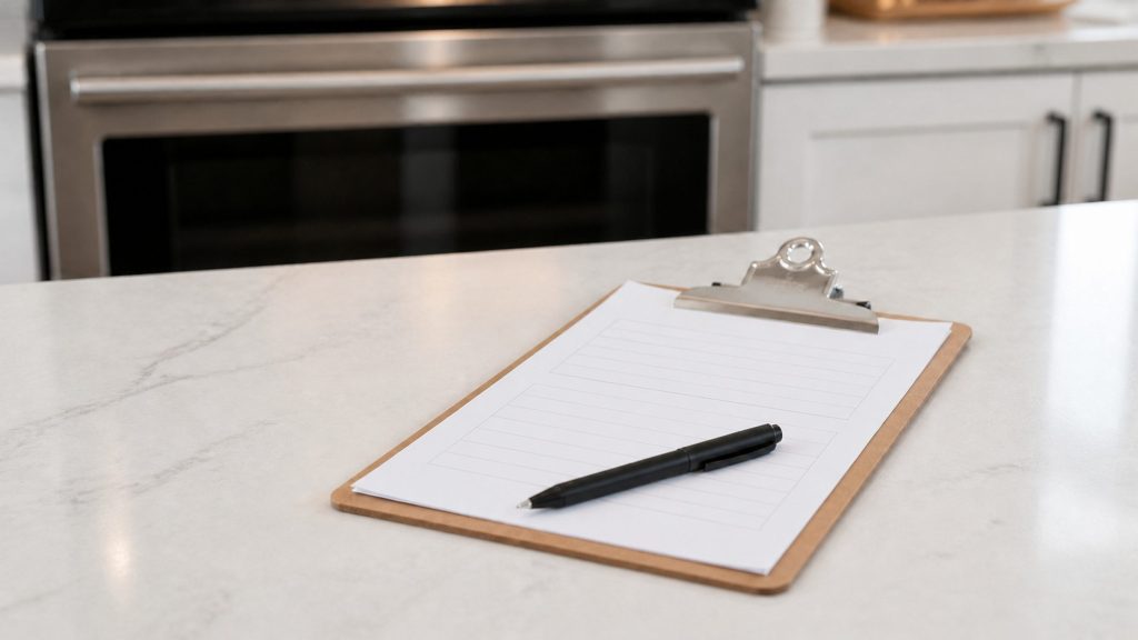 A clipboard holding an unreadable printed form resting on a white stone kitchen counter, a pen across it, a stainless appliance front out of focus behind, bright even daylight.