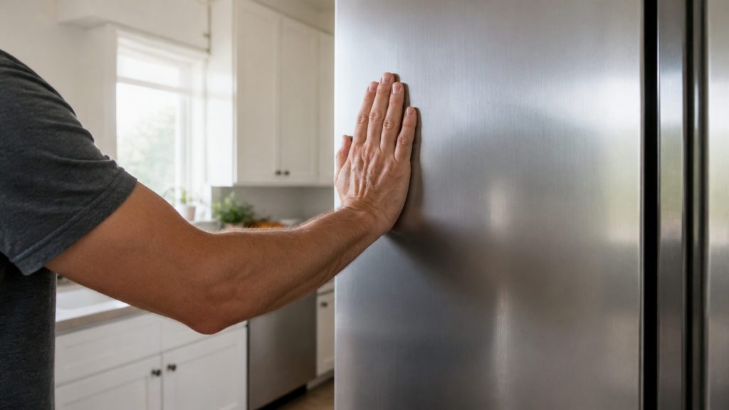 A person's shoulder and forearm at the edge of frame, hand flat against the side panel of a tall stainless appliance in a bright kitchen, head out of shot, the room quiet and full of daylight.
