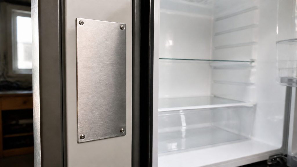 A blank brushed-steel data plate riveted to the inner door jamb of a tall refrigerator, the door held open so the plate faces the light, glass shelves and the white cabinet run soft behind it.