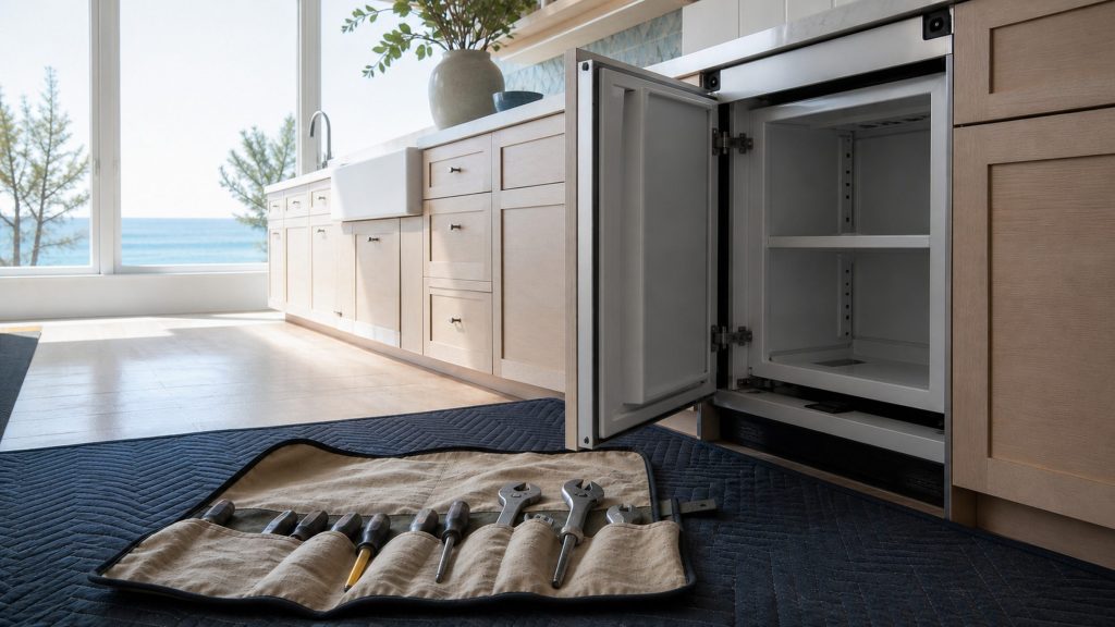 A bright coastal kitchen mid-visit: a canvas tool roll open on a protective mat on the floor beside an integrated appliance whose door stands open, nobody in frame, strong daylight from the window behind.