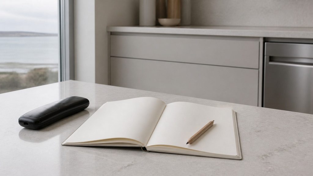 A black cordless telephone handset lying beside an open blank notebook and a pencil on a cool white stone worktop, the sea visible through a tall window and a stainless dishwasher front at the edge of the kitchen behind.
