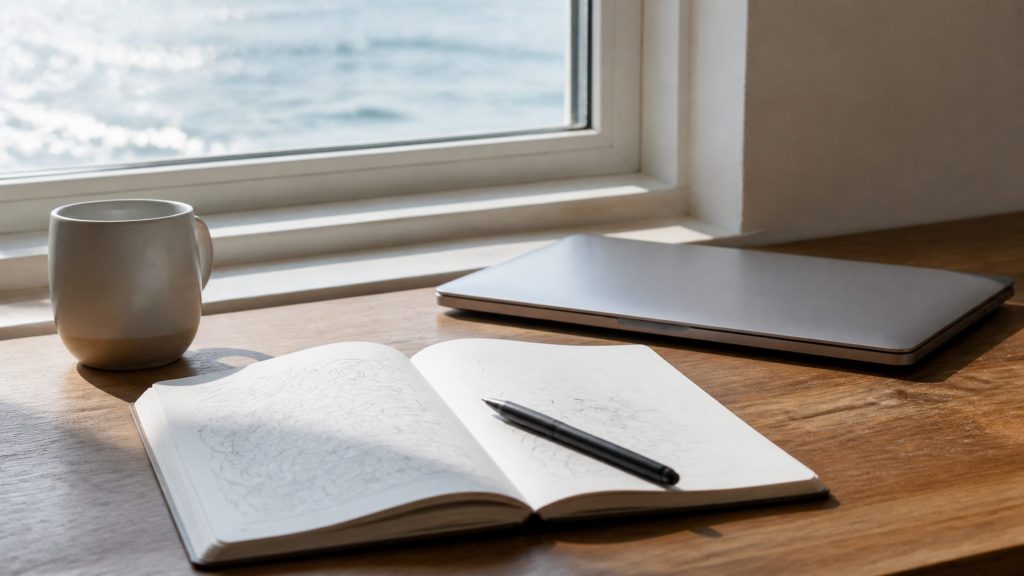 A plain desk by a bright window with an open notebook covered in unreadable handwriting, a pen laid across it, a mug and a laptop closed at the side.