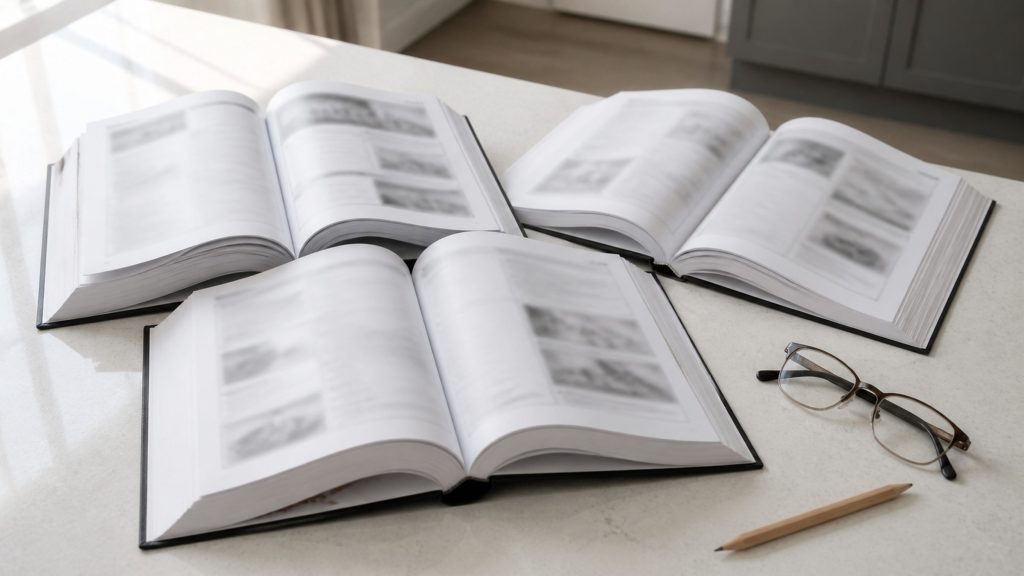 Three thick unbranded printed manuals fanned open on a white stone counter beside a pencil and a pair of reading glasses, pages blurred beyond legibility, bright daylight from a window to the left.