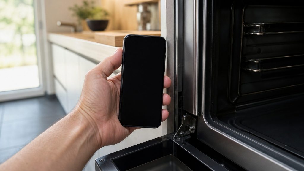 A hand holding a phone up close to the open door jamb of a built-in appliance as if photographing something on the frame, the phone screen dark and blank, the kitchen soft behind.