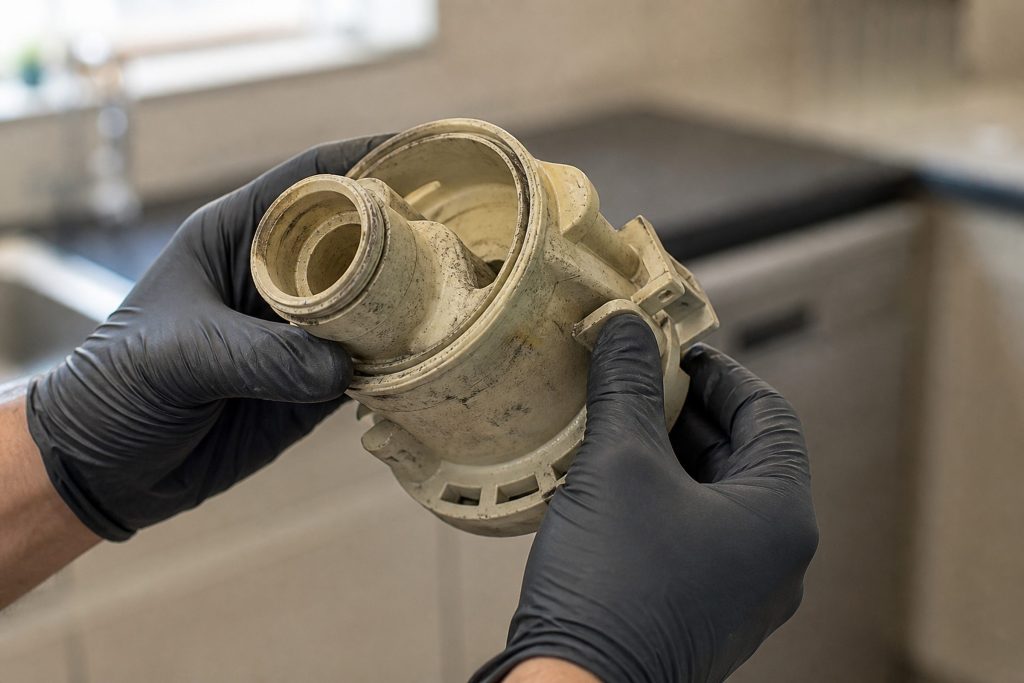 Two hands in nitrile gloves turning an old discoloured plastic pump housing over in the light, the part clearly worn, a blurred kitchen counter behind.