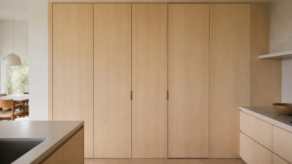 A tall run of pale oak cabinet doors in a bright kitchen where two of the doors are in fact appliance fronts, identifiable only by the thin shadow gap and a recessed finger pull.
