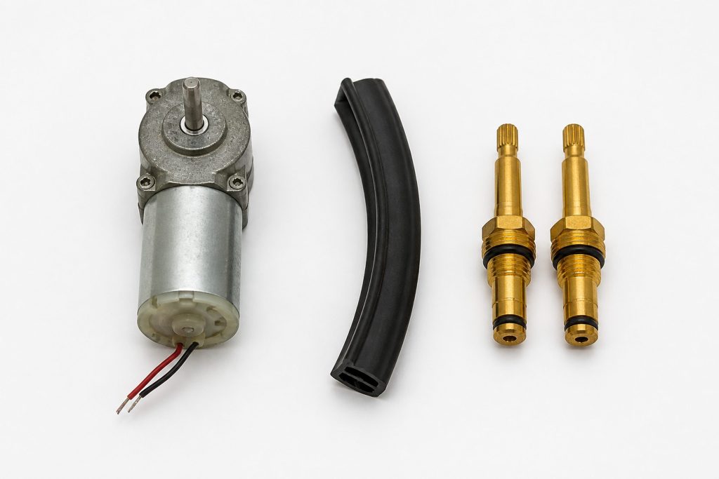 Three small mechanical parts arranged on a clean white surface in bright light — a compact geared motor, a length of moulded rubber seal and a pair of brass valve stems — photographed from above, no packaging, no labels.