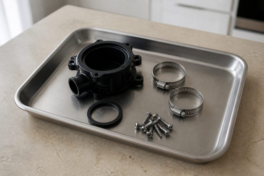 A shallow steel tray on a kitchen counter holding ordinary replacement parts — a pump housing, two hose clamps, a rubber seal and a handful of screws — laid out in bright flat daylight.