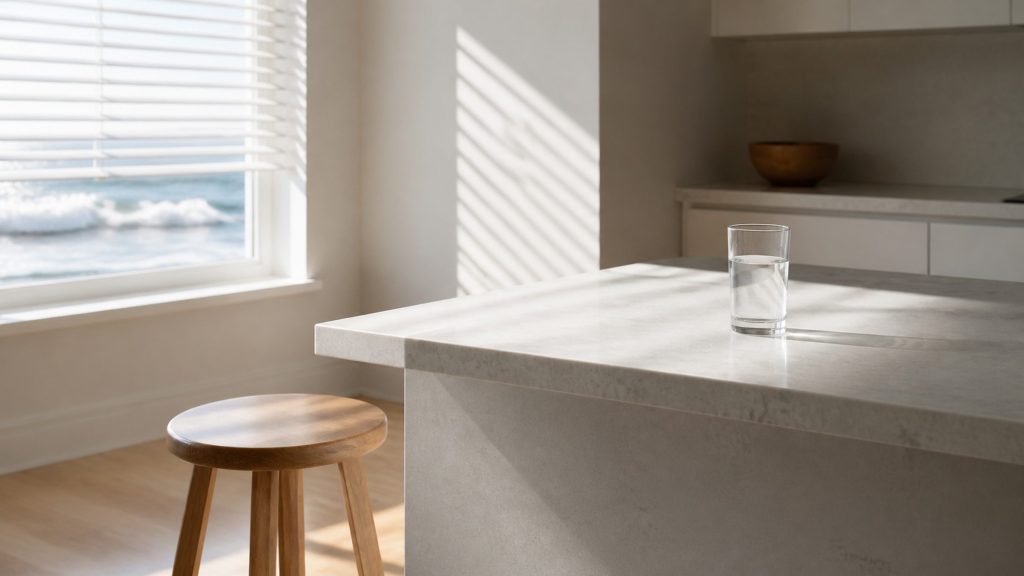 A quiet corner of a bright coastal kitchen: a white stone counter, a glass of water, a stool half in frame, sea light through a slatted blind, everything empty and still.