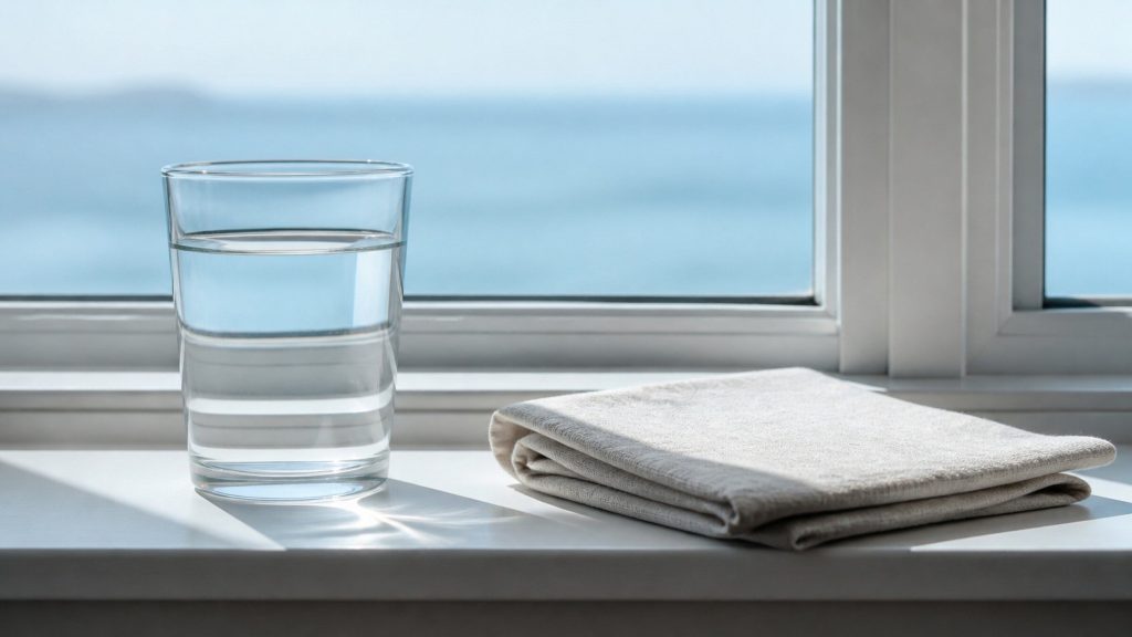 A plain glass of water and a folded pale linen cloth on a cool white windowsill, sea-blue light beyond the glass.