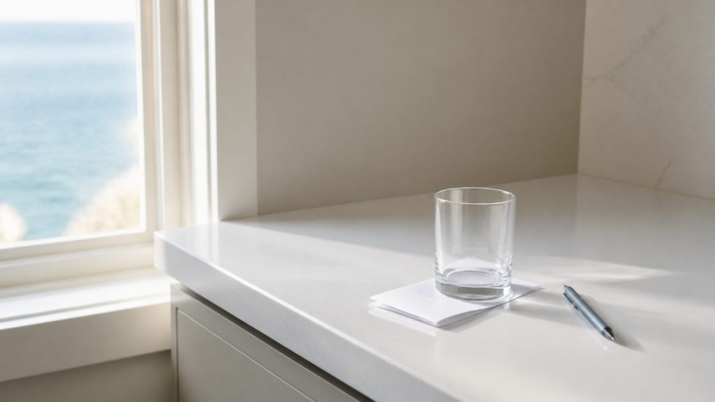 A bright empty kitchen corner with a white counter, a folded receipt weighted under a glass, a pen, and diffuse sea light through a window at the left.