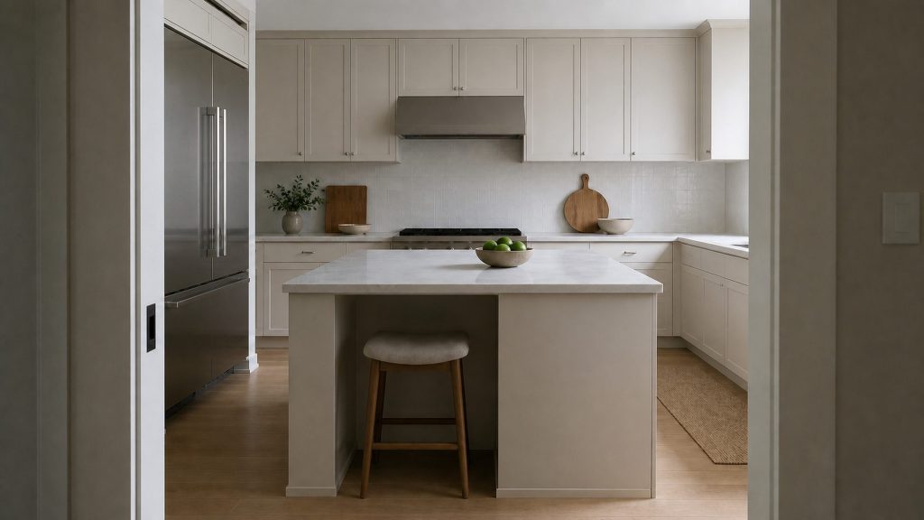 An empty pale kitchen photographed from the doorway in flat morning light, cabinets closed, one stool pushed under the island, a bowl of limes, nothing switched on.
