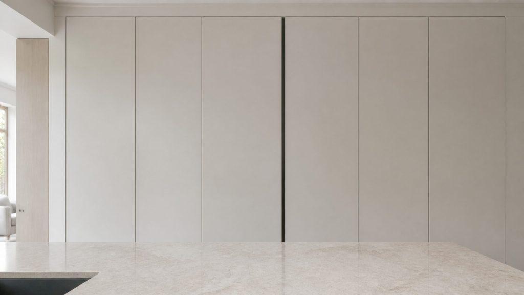 A pale kitchen photographed square on across a run of tall cabinet columns whose fronts are closed, one narrow shadow gap showing where an appliance sits, a stone counter in the foreground and even daylight.