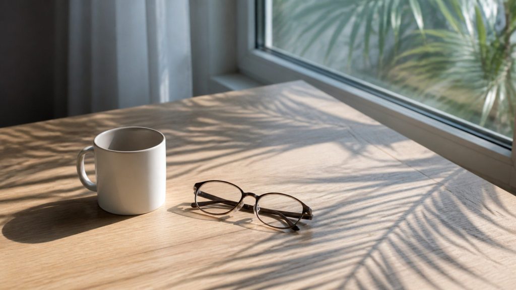 A plain ceramic mug and a folded pair of reading glasses on a pale oak table by a window, the shadow of palm fronds falling across the wood.