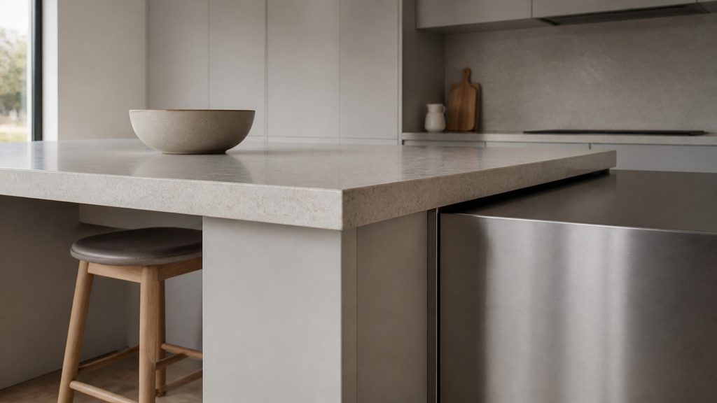 An empty bright kitchen photographed low across the island top, a stool leg, a bowl, the edge of a stainless front, everything calm and unoccupied in cool daylight.